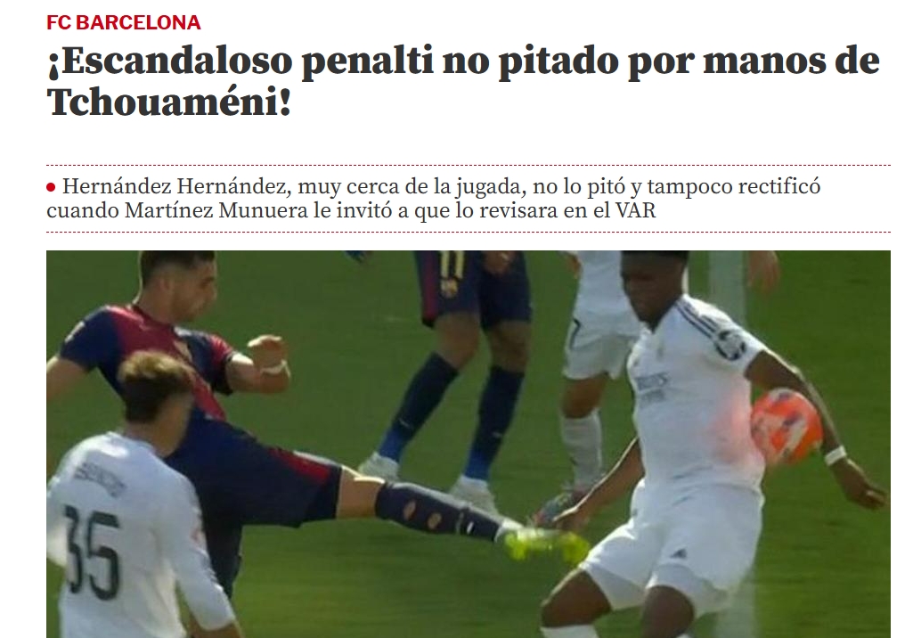 世体：令人震惊的判罚！琼阿梅尼手球是明显点球 他应该2黄被罚下